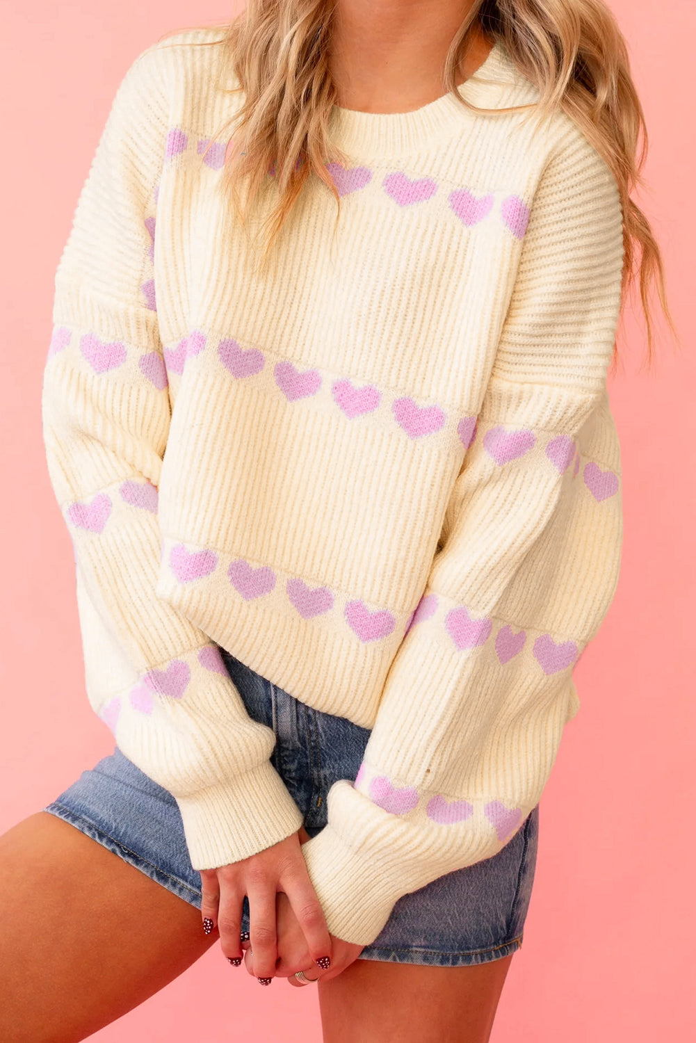 Pink Heart Pattern Valentine Ribbed Knit Sweater-TOPS / DRESSES-[Adult]-[Female]-2022 Online Blue Zone Planet