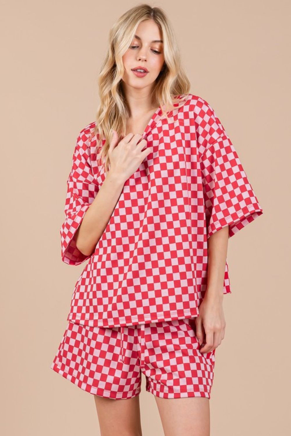 Ces Femme Checkered Round Neck Top and Shorts Set-TOPS / DRESSES-[Adult]-[Female]-2022 Online Blue Zone Planet