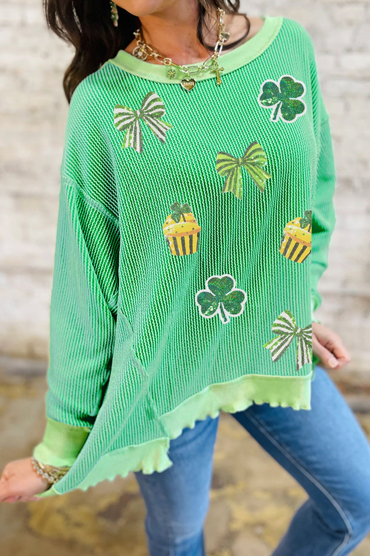 Bright Green Twisted Rib St Patricks Day Sequin Patch Graphic Long Sleeve Top-Graphic/Graphic Long Sleeve Tees-[Adult]-[Female]-2022 Online Blue Zone Planet