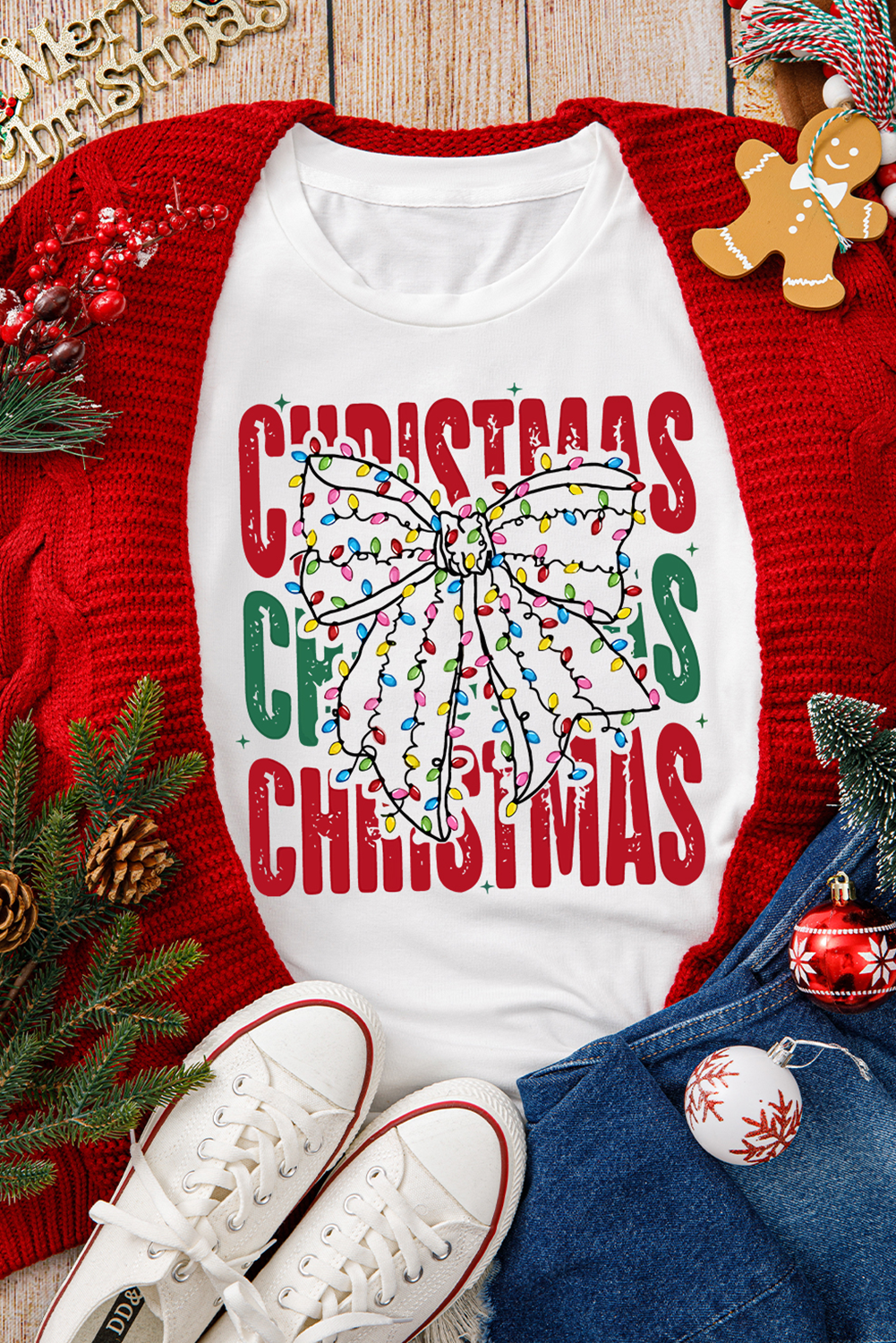 White Christmas Bowknot Graphic Tee-Graphic Tees-[Adult]-[Female]-2022 Online Blue Zone Planet