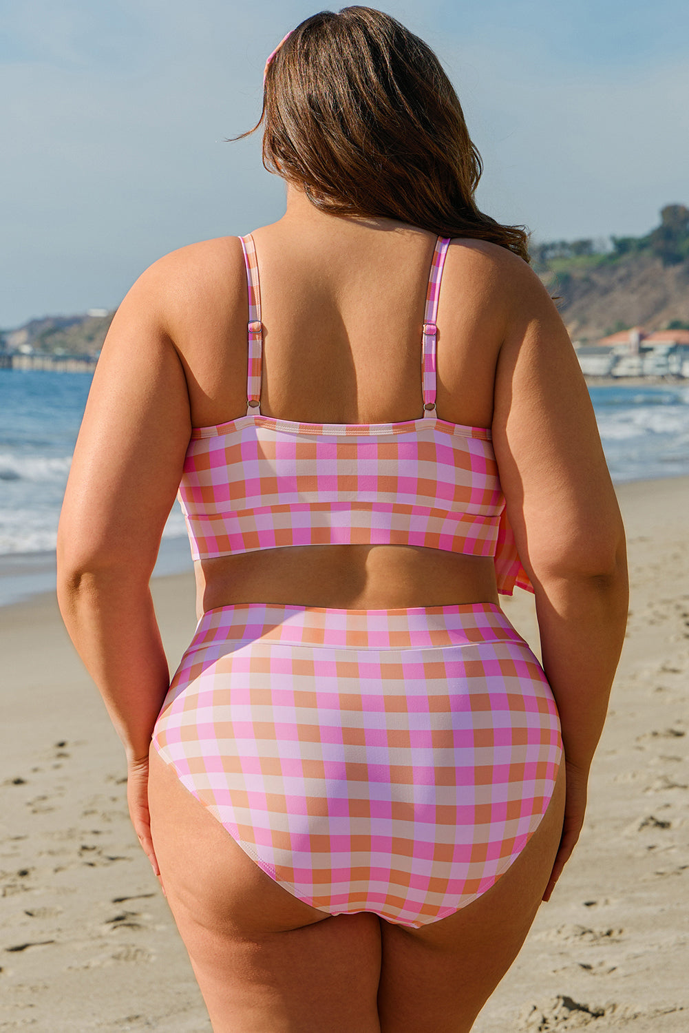 Pink Plus Size Plaid Print High Waist Bikini Set-Plus Size/Plus Size Swimwear-[Adult]-[Female]-2022 Online Blue Zone Planet