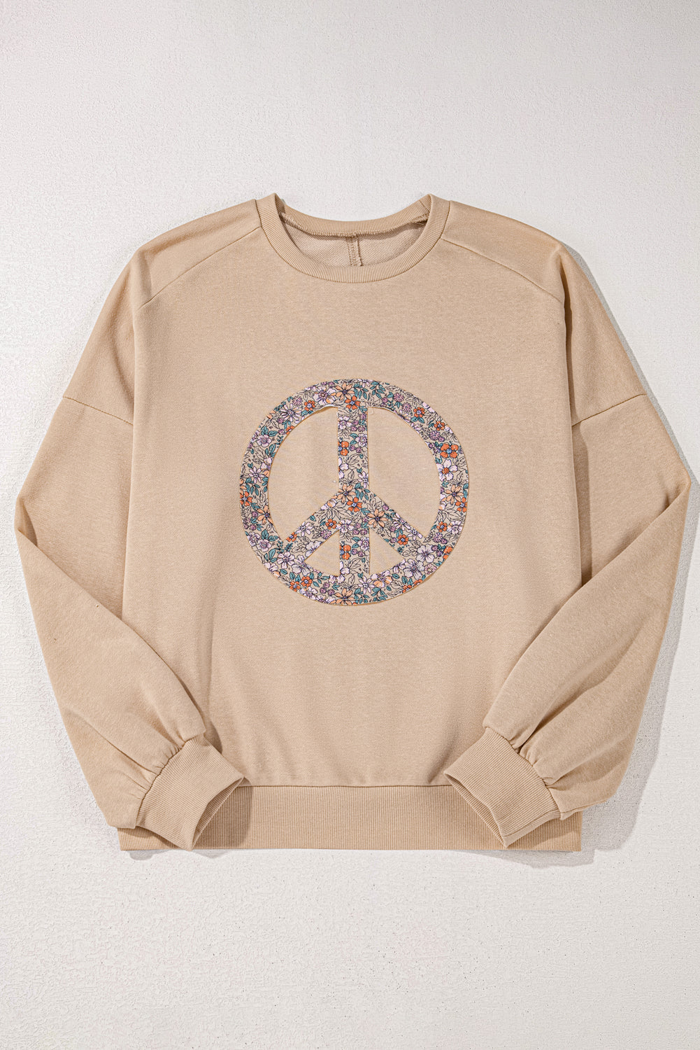 Blue Zone Planet | Pale Khaki Floral Peace Sign Graphic Washed Terry Plus Size Sweatshirt-TOPS / DRESSES-[Adult]-[Female]-2022 Online Blue Zone Planet