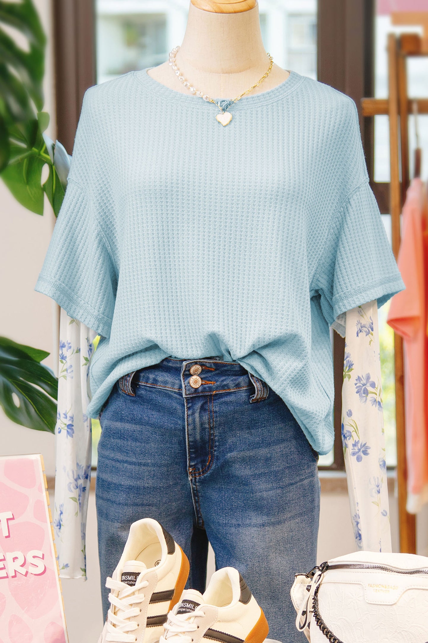 Beau Blue Floral Lace Sleeve Patchwork Waffle Fake Two-Piece Top-Tops/Long Sleeve Tops-[Adult]-[Female]-2022 Online Blue Zone Planet