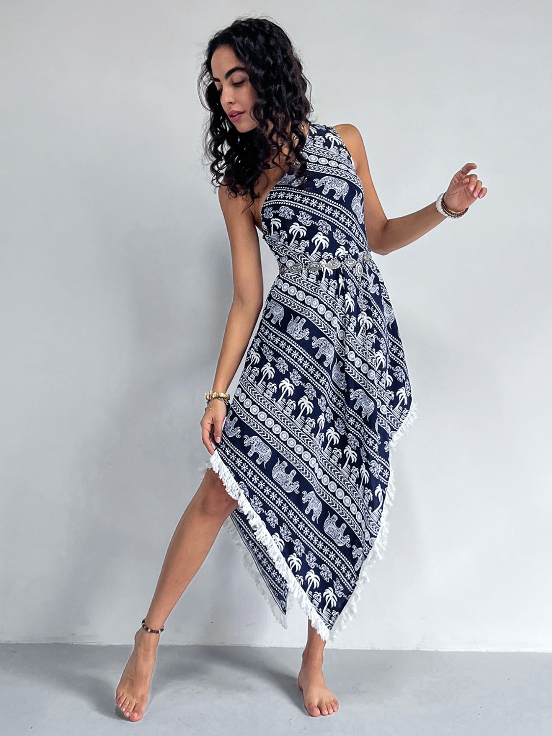 Fringe Printed Single Shoulder Dress-TOPS / DRESSES-[Adult]-[Female]-2022 Online Blue Zone Planet