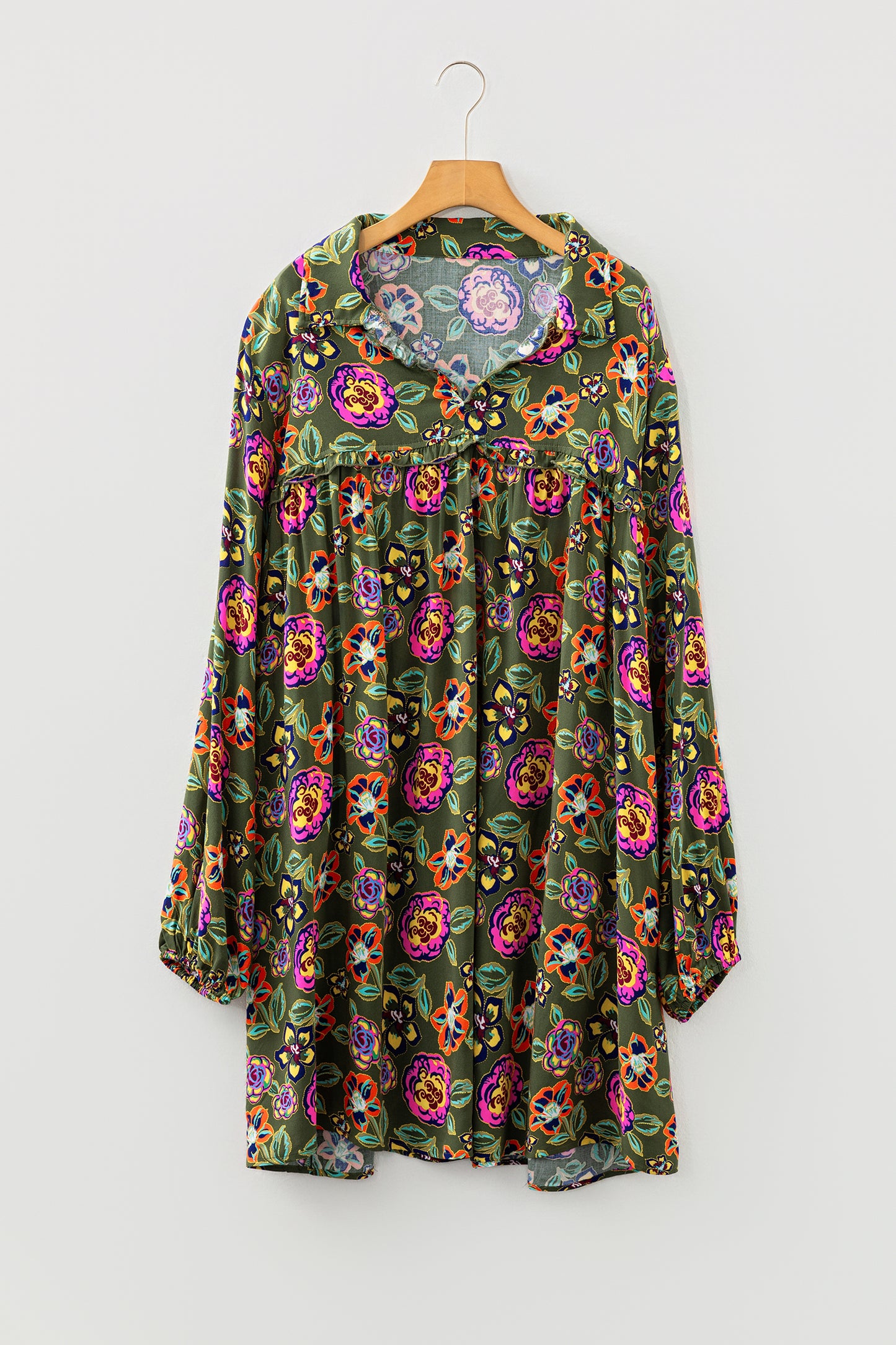 Green Plus Size Floral Print Collared V Neck Loose Mini Dress-TOPS / DRESSES-[Adult]-[Female]-2022 Online Blue Zone Planet