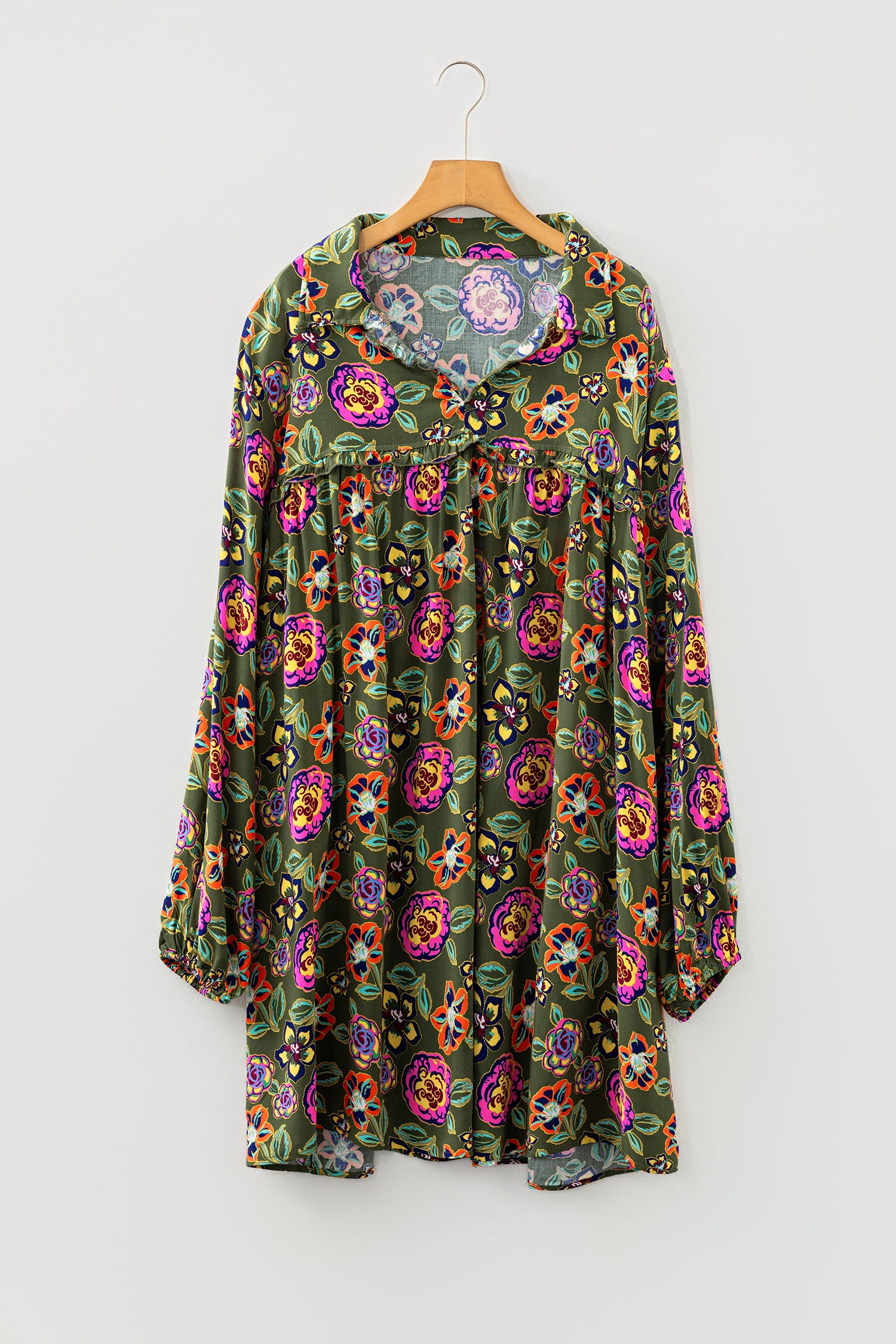 Green Plus Size Floral Print Collared V Neck Loose Mini Dress-TOPS / DRESSES-[Adult]-[Female]-2022 Online Blue Zone Planet