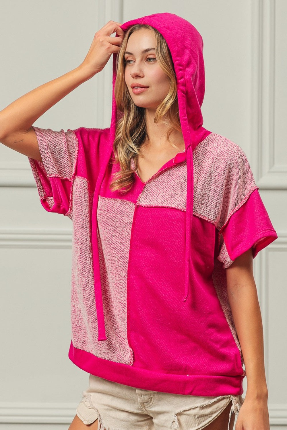 Blue Zone Planet | BiBi Color Block Exposed Seam Short Sleeve Hooded Top-Tops / Dresses-[Adult]-[Female]-FUCHSIA-S-2022 Online Blue Zone Planet