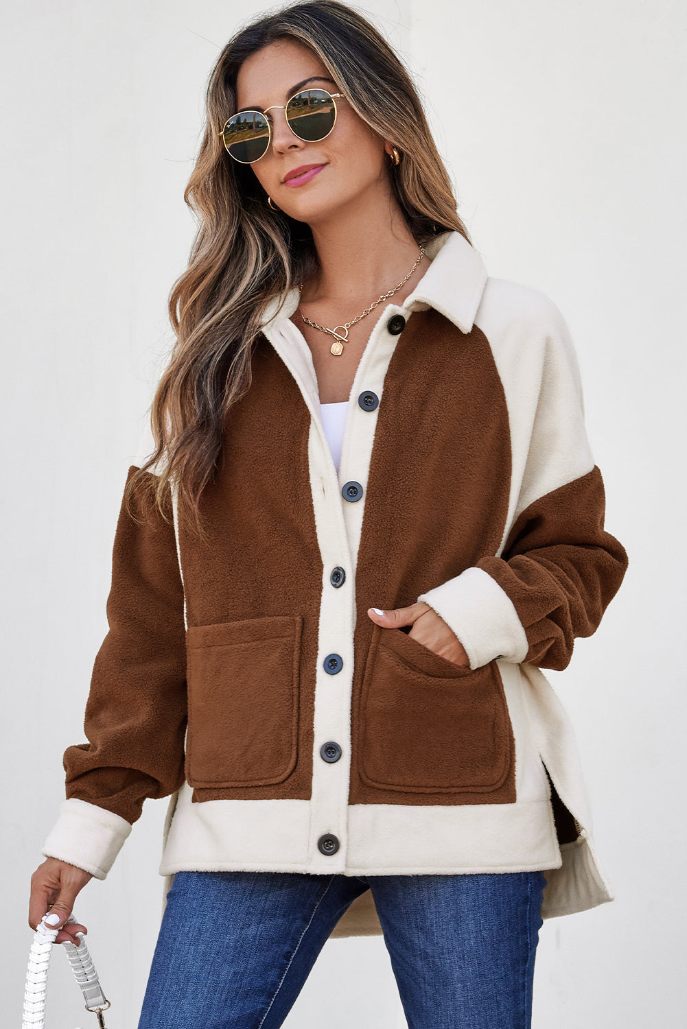 Brown Color Block Patchwork Button Down Fleece Shacket-Outerwear/Jackets-[Adult]-[Female]-2022 Online Blue Zone Planet