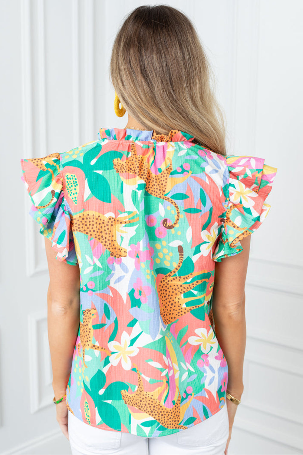 Green Frilly Ruffle Tie Split Neck Summer Floral Blouse-Tops/Blouses & Shirts-[Adult]-[Female]-2022 Online Blue Zone Planet
