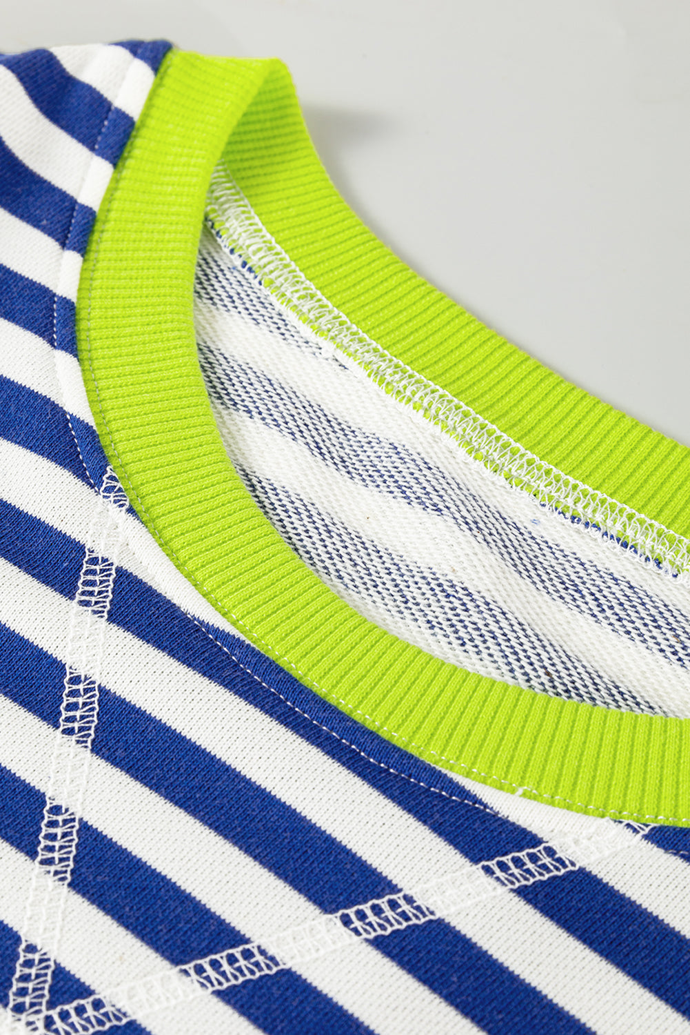 Sky Blue Stripe Striped Contrast Ribbed Trim Crossed Stitch Drop Shoulder Sweatshirt-Tops/Sweatshirts & Hoodies-[Adult]-[Female]-2022 Online Blue Zone Planet