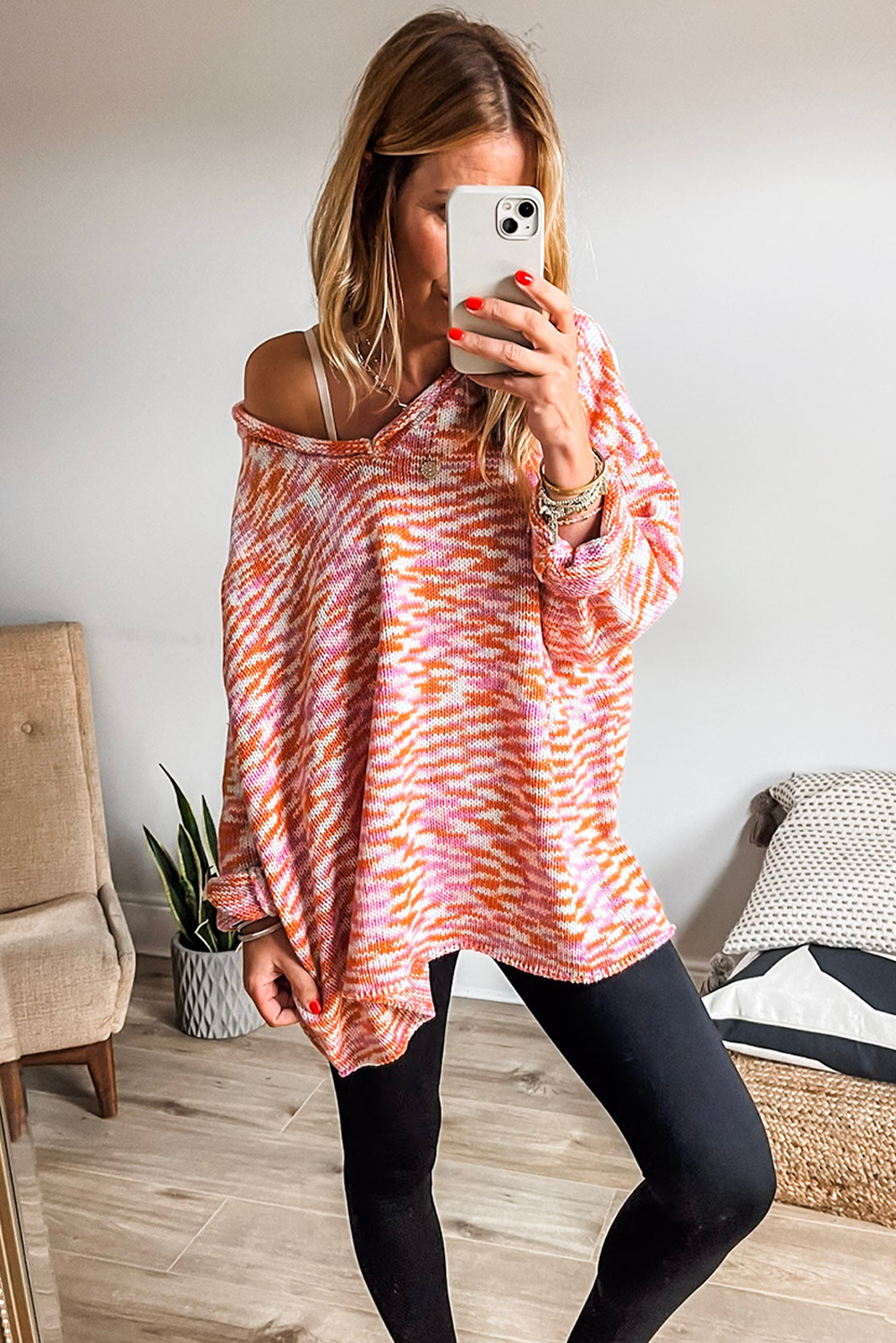 Orange Vibrant Abstract Print Drop Shoulder V Neck Tunic Oversized Sweater-Sweaters & Cardigans/Sweaters-[Adult]-[Female]-2022 Online Blue Zone Planet