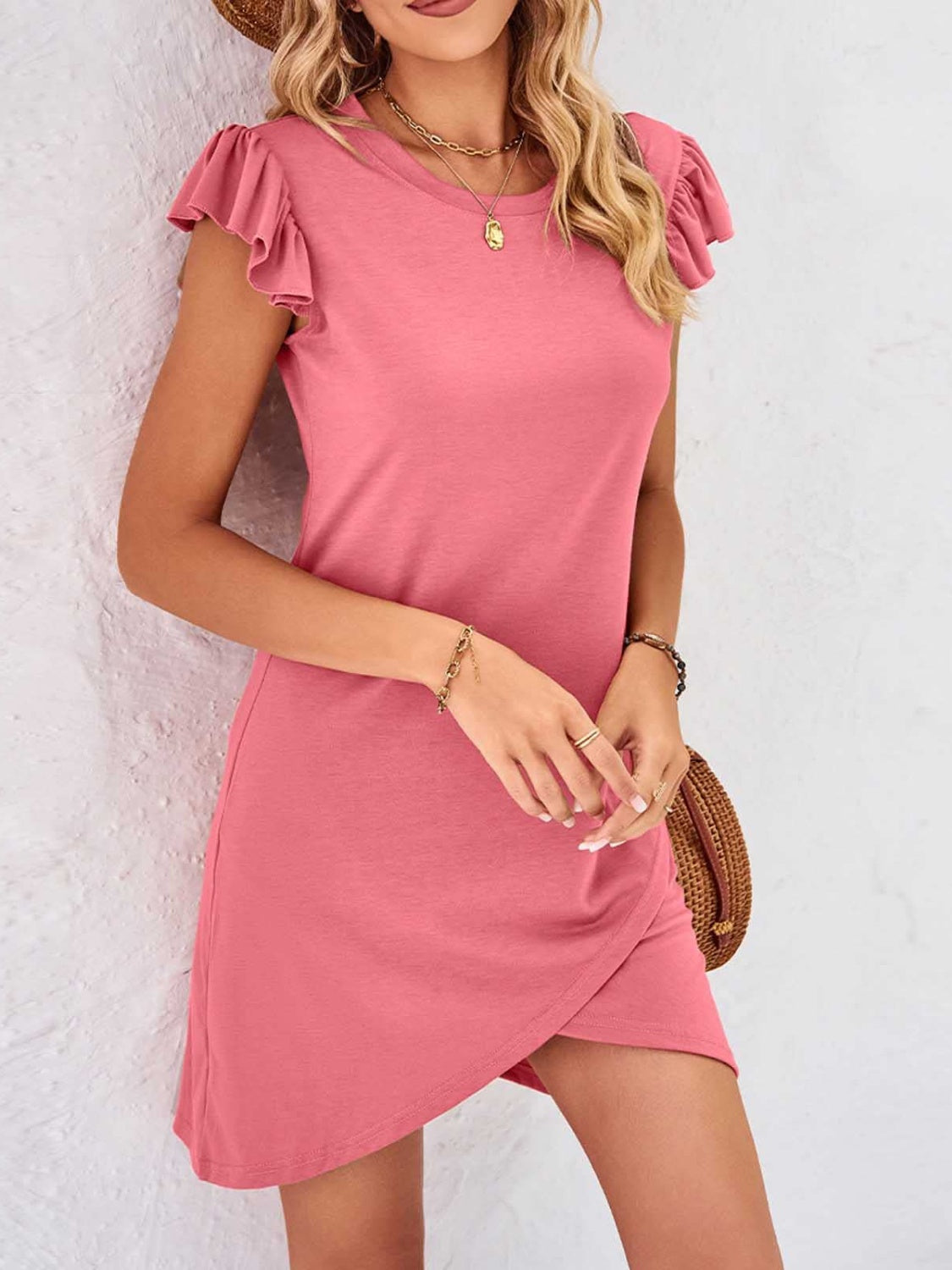 Ruffled Round Neck Cap Sleeve Mini Dress-TOPS / DRESSES-[Adult]-[Female]-Burnt Coral-S-2022 Online Blue Zone Planet