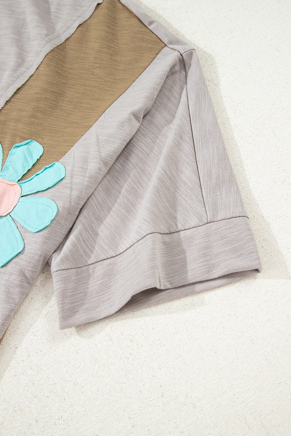 Green Flower Patched Exposed Seam Bracelet Sleeve Oversized T Shirt-Tops/Long Sleeve Tops-[Adult]-[Female]-2022 Online Blue Zone Planet