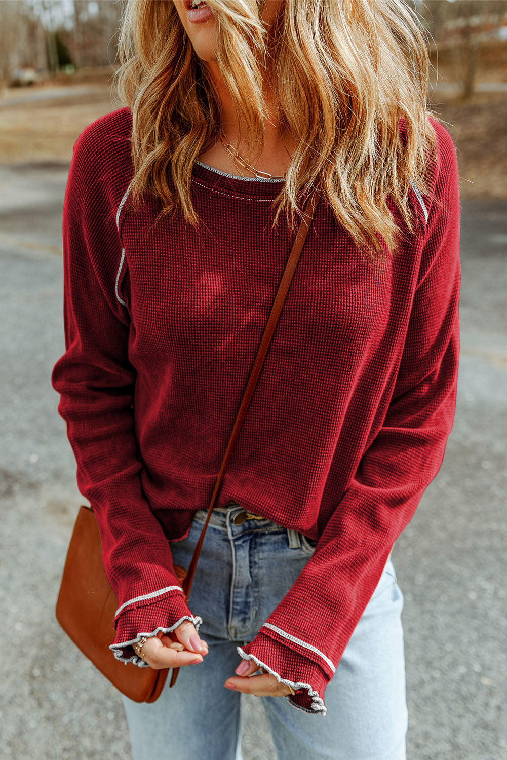 Blue Zone Planet |  Black Textured Round Neck Long Sleeve Top