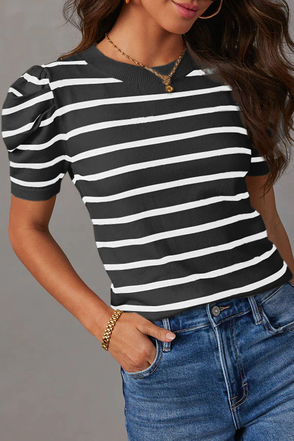 White Stripe Ribbed Trim Round Neck Bubble Sleeve Knitted Top-Sweaters & Cardigans/Short Sleeve Sweaters-[Adult]-[Female]-2022 Online Blue Zone Planet