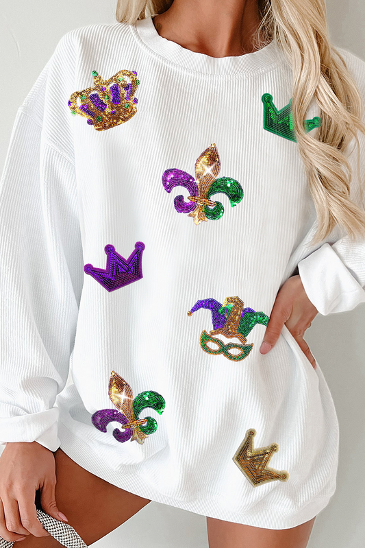 White Sequin Mardi Gras Symbol Crown Mask Patched Corded Sweatshirt-Graphic/Graphic Sweatshirts-[Adult]-[Female]-White-S-2022 Online Blue Zone Planet