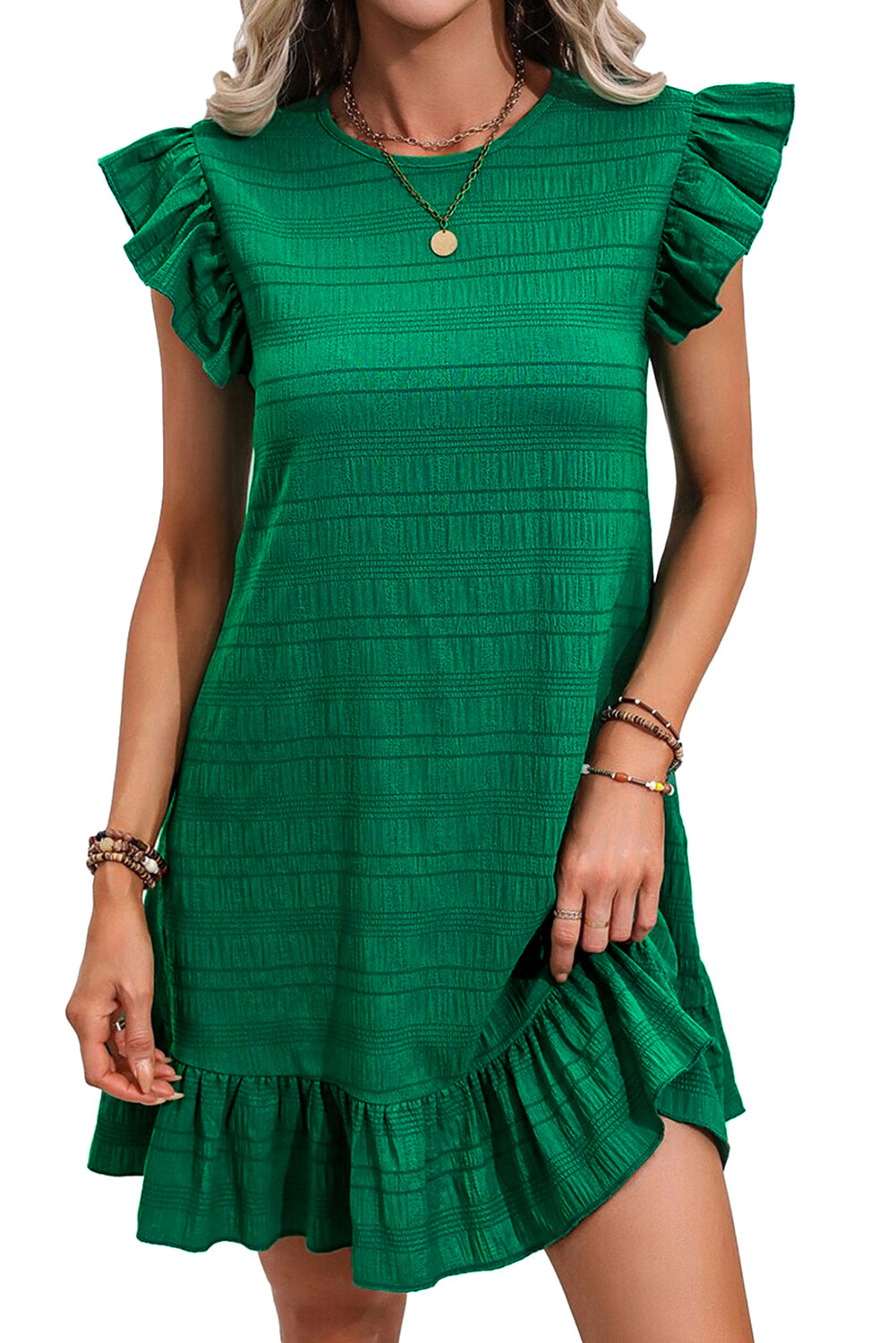 Dark Green Textured Flutter Sleeve Ruffled Mini Dress-TOPS / DRESSES-[Adult]-[Female]-2022 Online Blue Zone Planet