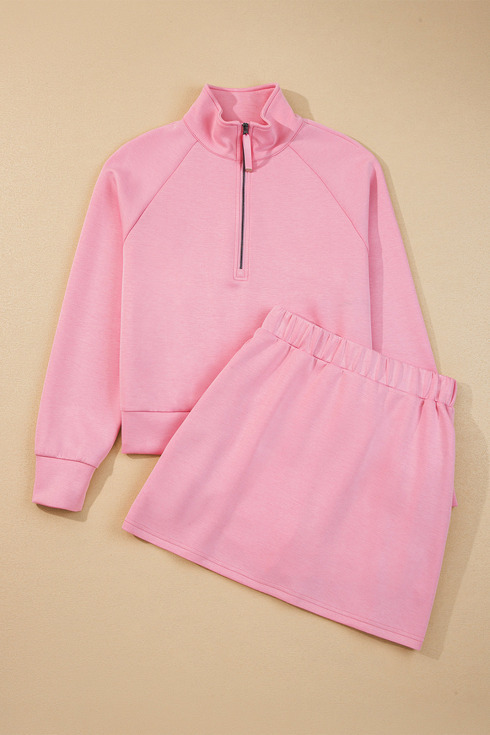 Pink Half Zip Sporty Pullover Mini Skirt 2pcs Outfit-Two Piece Sets/Two Piece Dresses-[Adult]-[Female]-2022 Online Blue Zone Planet