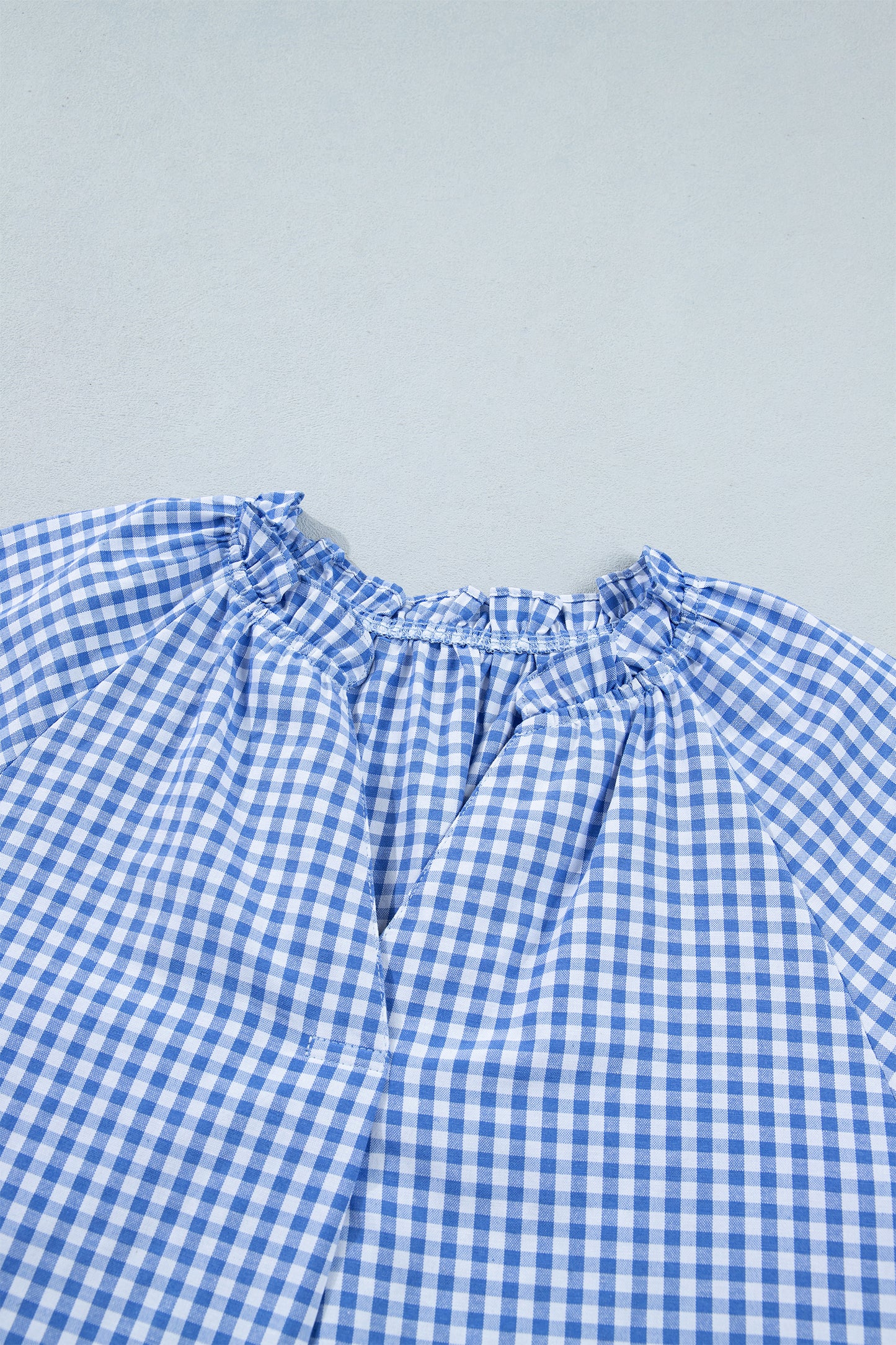 Sky Blue Summer Plaid V Neck Puff Sleeve Blouse-Tops/Blouses & Shirts-[Adult]-[Female]-2022 Online Blue Zone Planet