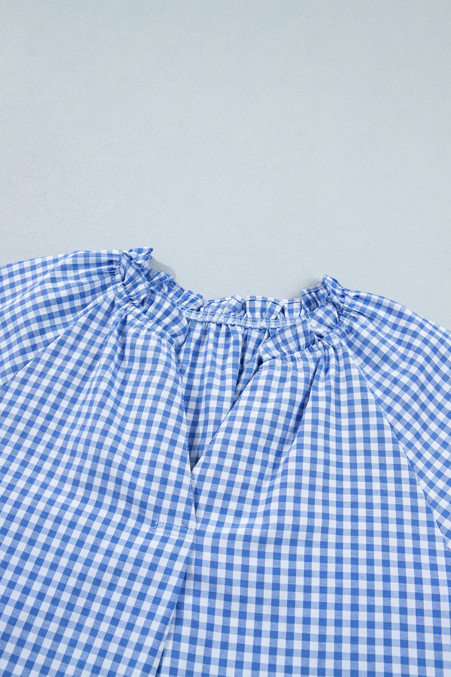 Sky Blue Summer Plaid V Neck Puff Sleeve Blouse-Tops/Blouses & Shirts-[Adult]-[Female]-2022 Online Blue Zone Planet