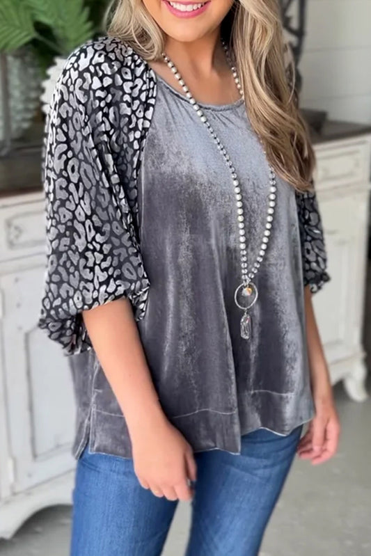 Medium Grey Leopard Splicing Lantern Sleeve Velvet Blouse-Tops/Blouses & Shirts-[Adult]-[Female]-Medium Grey-S-2022 Online Blue Zone Planet