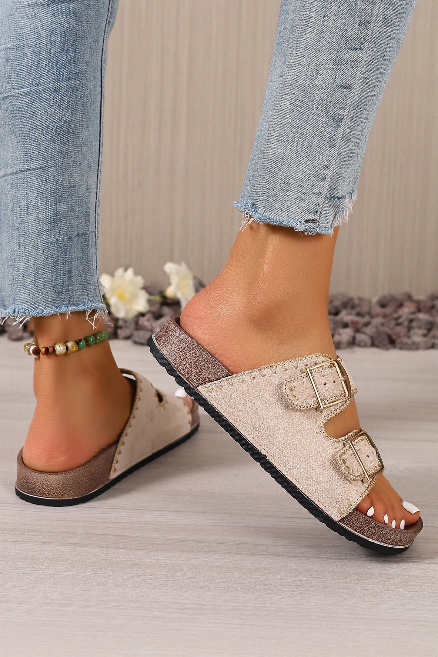 Beige Embroidered Trim Retro Buckle Faux Suede Slippers-Shoes & Bags/Slippers-[Adult]-[Female]-2022 Online Blue Zone Planet