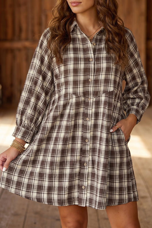 Brown Plaid Long Sleeve Short Shift Mini Dress-Dresses/Mini Dresses-[Adult]-[Female]-Brown-S-2022 Online Blue Zone Planet