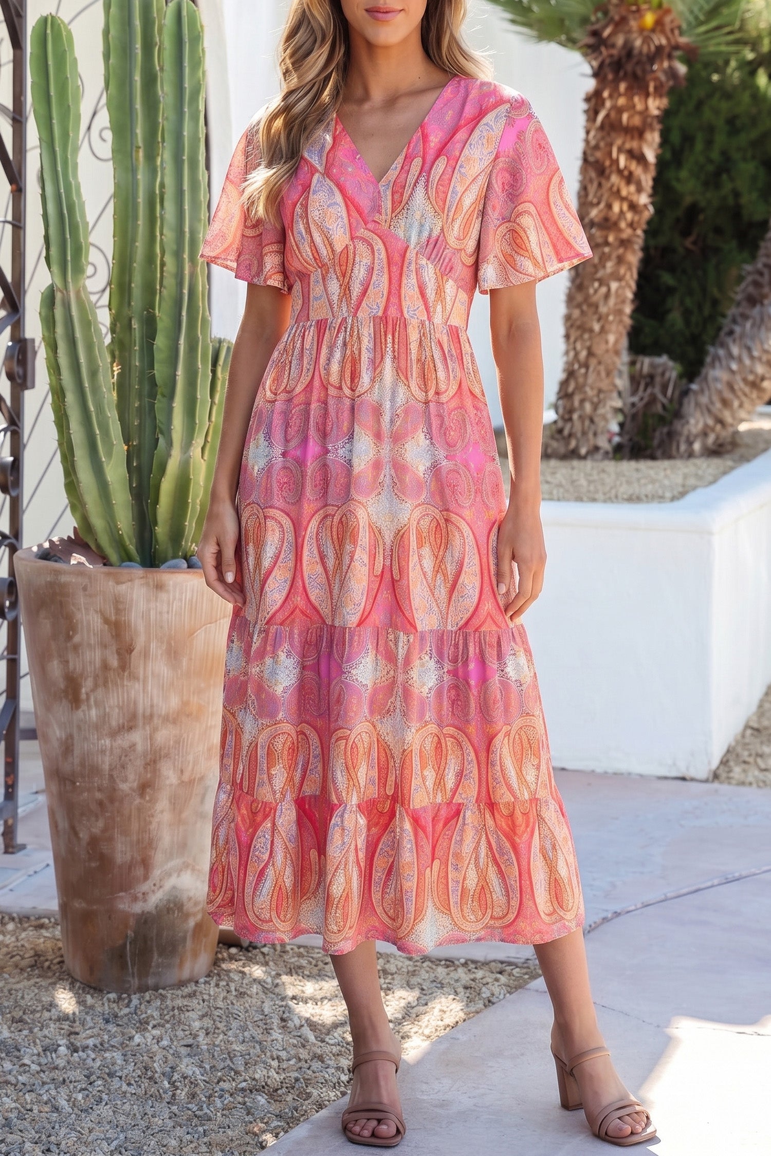 Multicolour Paisley Print V-Neck Short Sleeve Boho Maxi Dress with Ruffle Details-TOPS / DRESSES-[Adult]-[Female]-2022 Online Blue Zone Planet