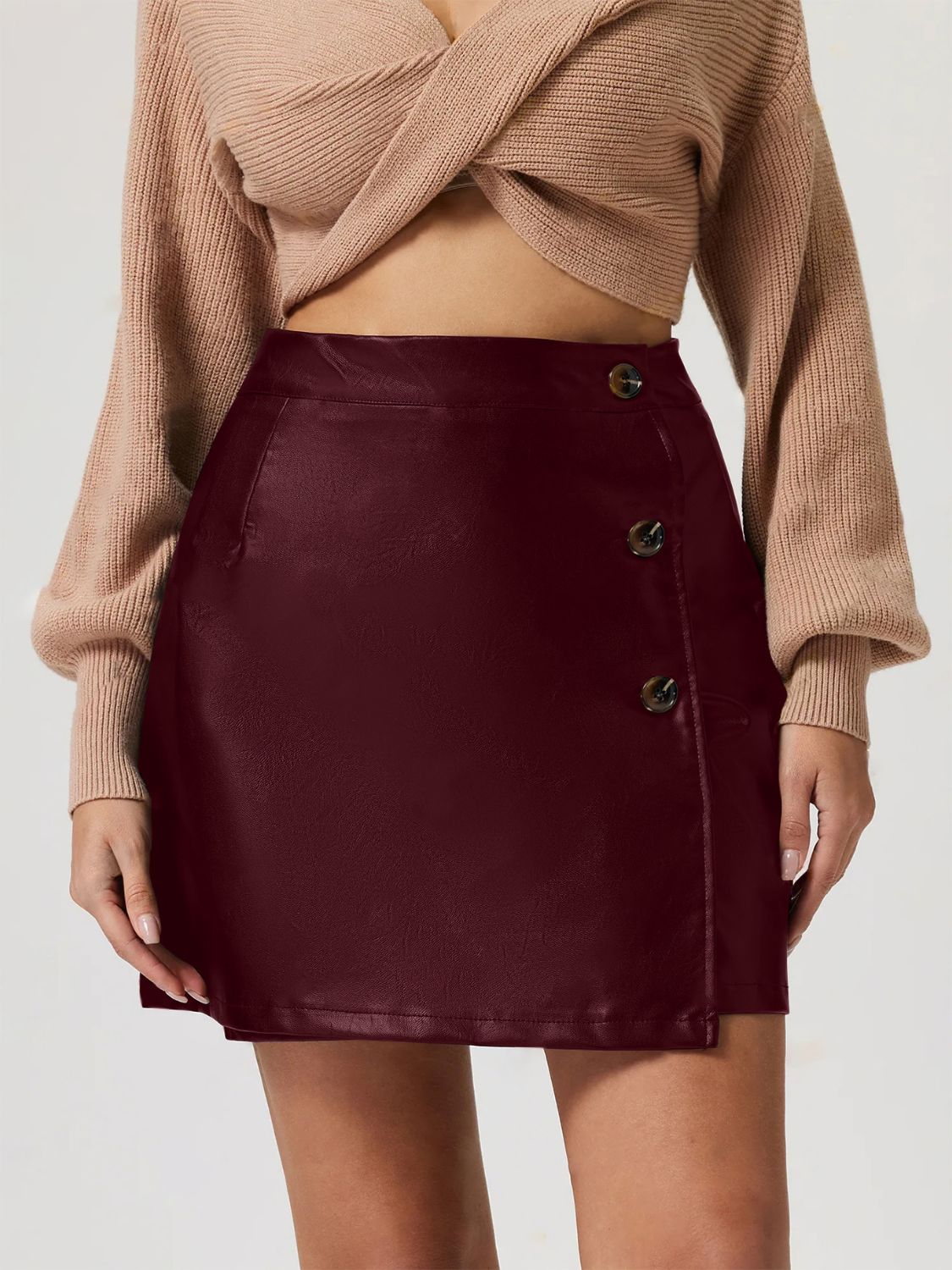 Blue Zone Planet | Buttoned High Rise Mini Skirt-BOTTOMS SIZES SMALL MEDIUM LARGE-[Adult]-[Female]-Burgundy-S-2022 Online Blue Zone Planet