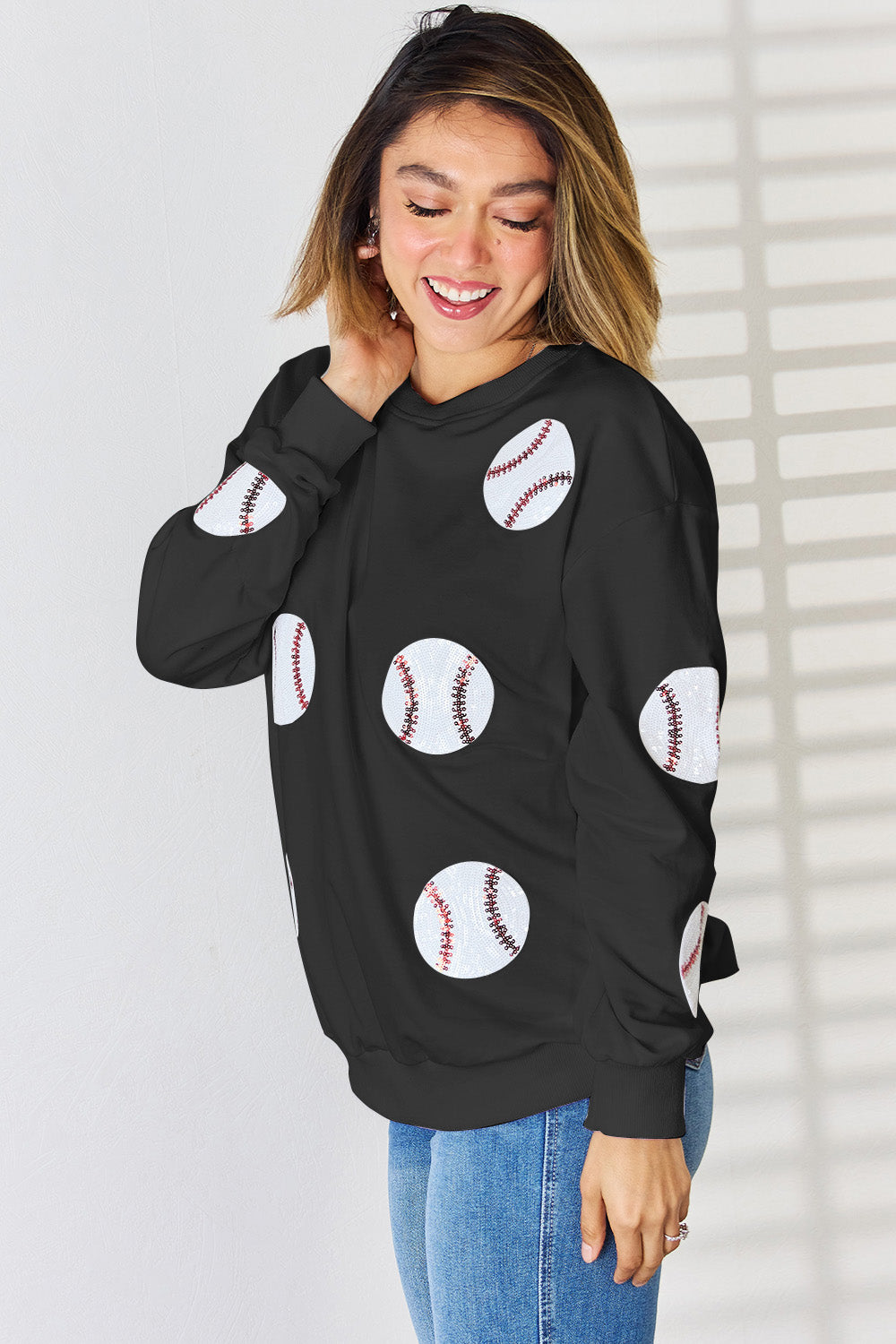 Sequin Baseball Round Neck Dropped Shoulder Sweatshirt-TOPS / DRESSES-[Adult]-[Female]-2022 Online Blue Zone Planet