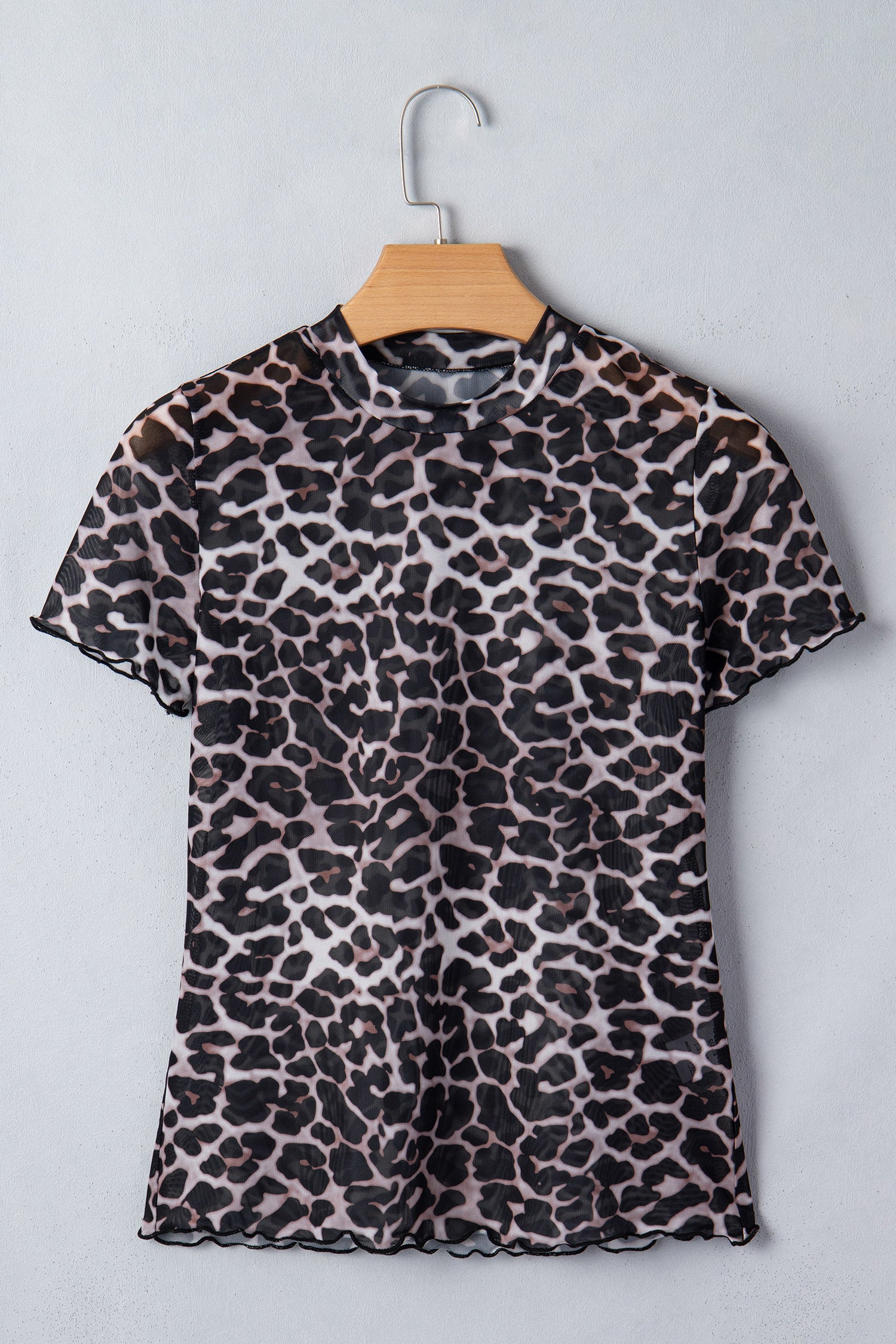 Khaki Leopard Print Sheer Mesh Short Sleeve Top-Tops/Tops & Tees-[Adult]-[Female]-2022 Online Blue Zone Planet