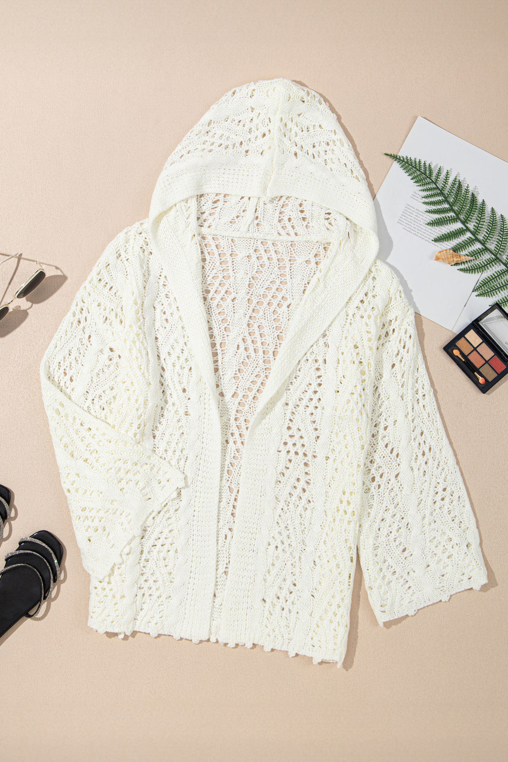 White Fashion Open Knit Hooded Beach Cover Up-Tops / Dresses-[Adult]-[Female]-2022 Online Blue Zone Planet