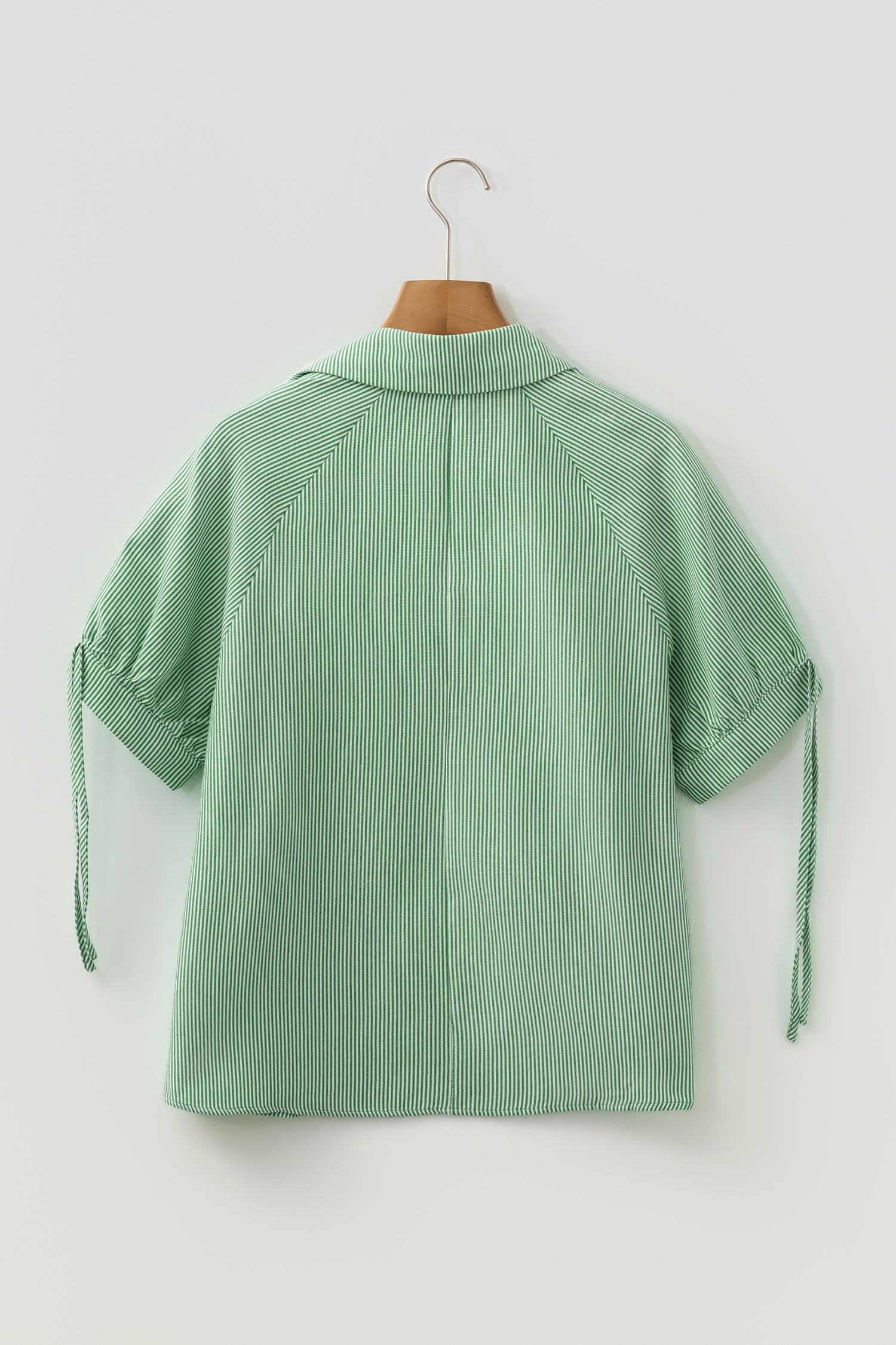 Mint Green Striped Print Collared Split Neck Half Sleeve Blouse-Tops/Blouses & Shirts-[Adult]-[Female]-2022 Online Blue Zone Planet