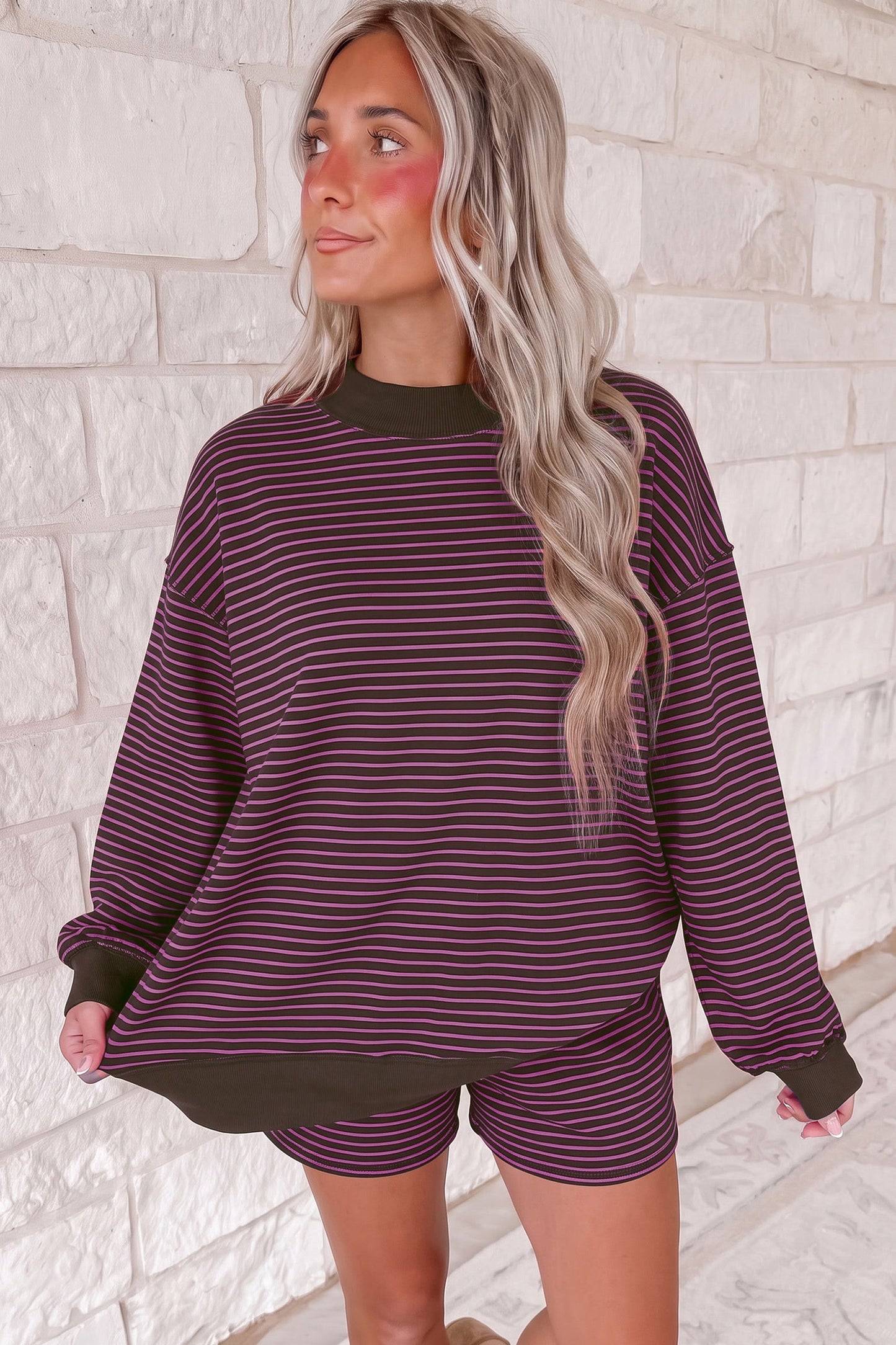 Blue Stripe Ribbed Patchwork Mock Neck Baggy Pullover Matching Shorts Set
