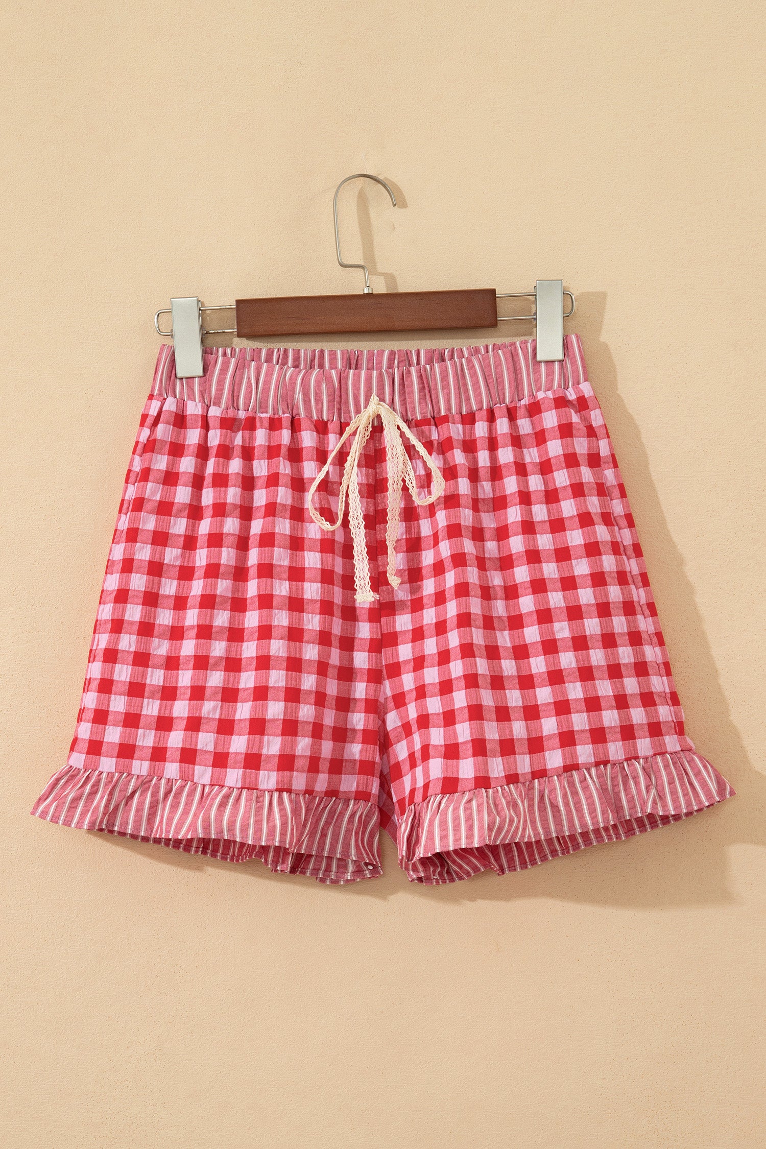 Red Gingham Print Ruffle Striped Detail Lace Tie Shorts-Bottoms/Casual Shorts-[Adult]-[Female]-2022 Online Blue Zone Planet
