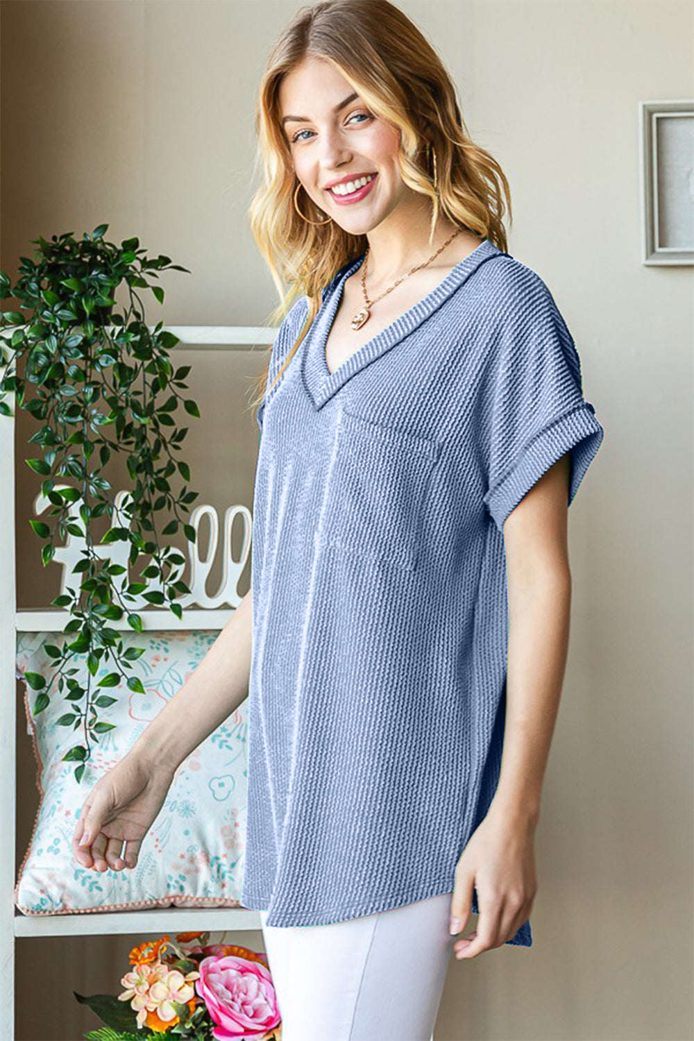 Heimish Full Size Front Pocket Short Sleeve Ribbed Top-TOPS / DRESSES-[Adult]-[Female]-2022 Online Blue Zone Planet