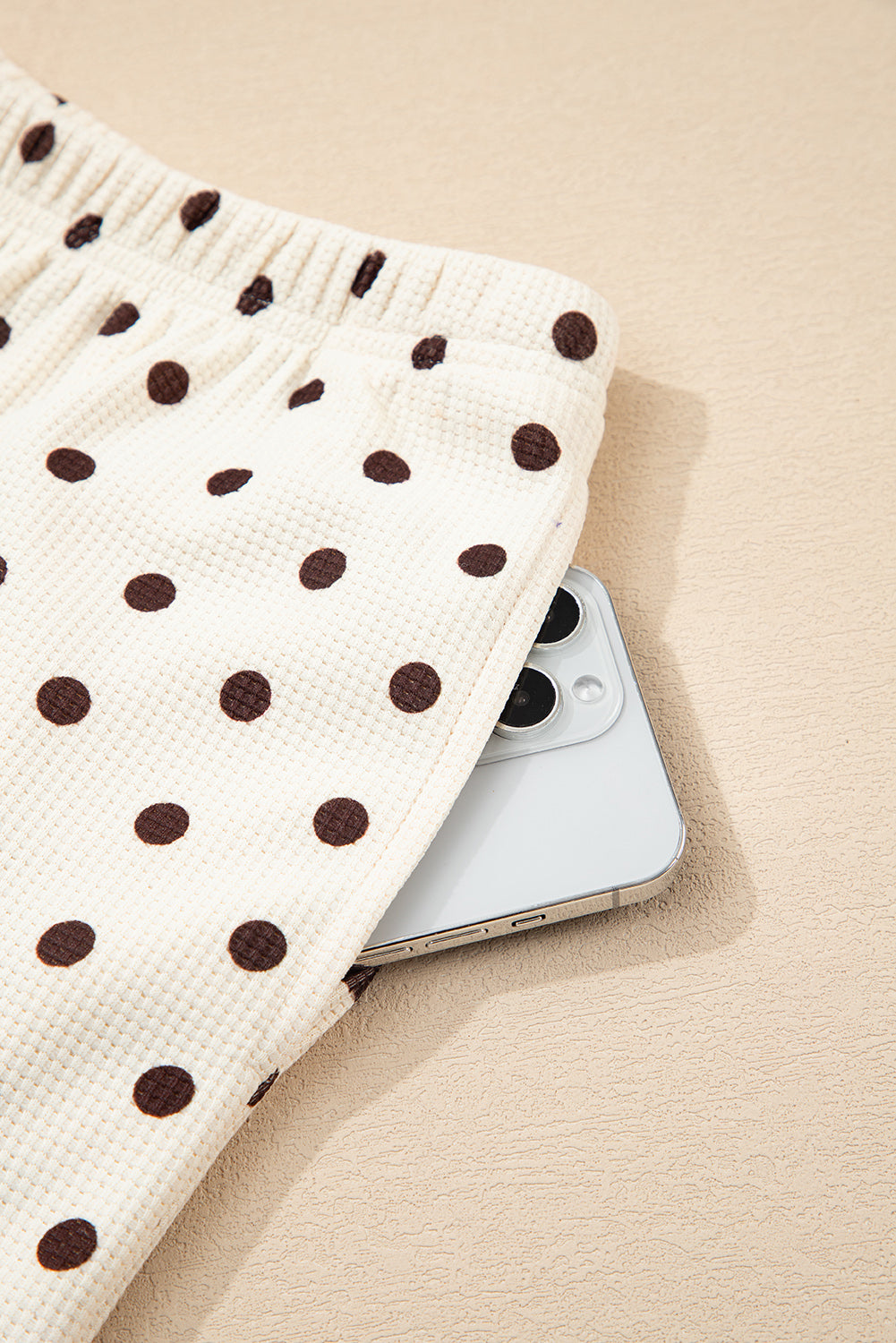 White Polka Dot Print Notched Neck Long Sleeve Top Drawstring Jogger Pants Waffle Knit Lounge Set-Loungewear & Sleepwear/Loungewear-[Adult]-[Female]-2022 Online Blue Zone Planet