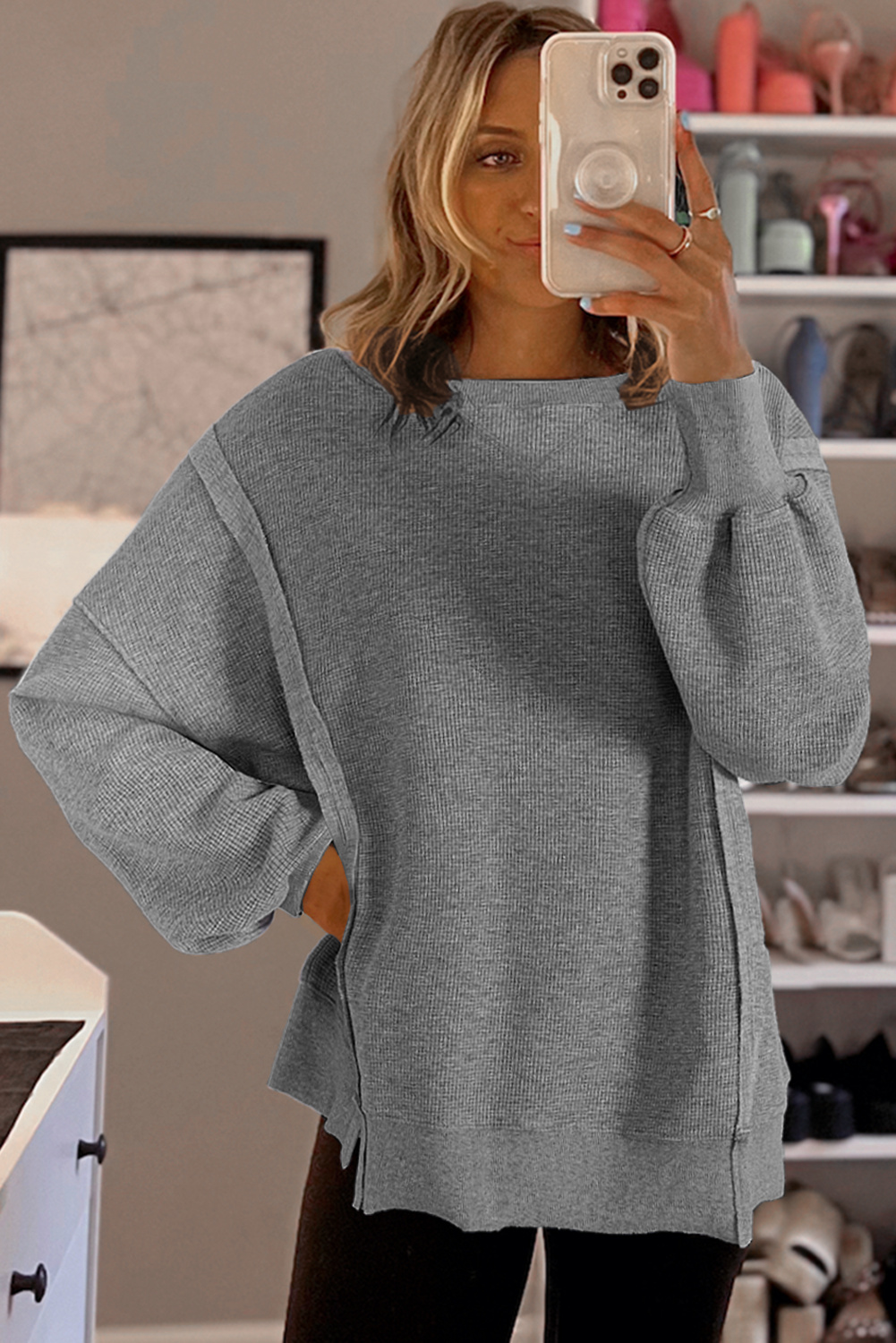 Blue Zone Planet | Gray Knit Bishop Sleeve Split Oversized Sweatshirt-Sweatshirts & Hoodies-[Adult]-[Female]-2022 Online Blue Zone Planet