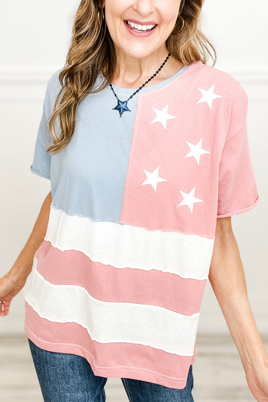 Pink Stars and Stripes Printed Crewneck Independence Day T Shirt-Tops/Tops & Tees-[Adult]-[Female]-Pink-S-2022 Online Blue Zone Planet