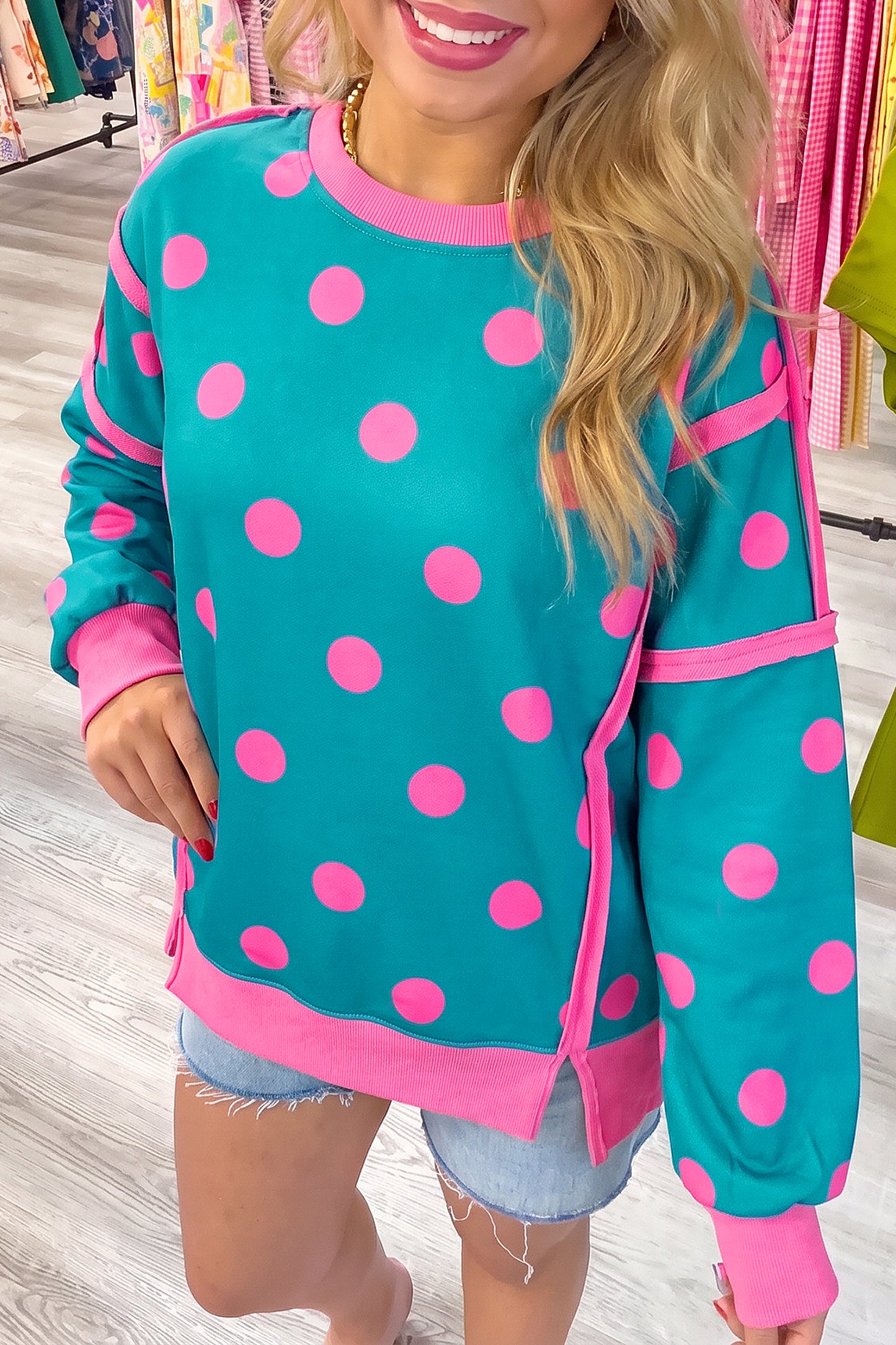 White Polka Dot Contrast Patchwork Round Neck Baggy Sweatshirt-Tops/Sweatshirts & Hoodies-[Adult]-[Female]-Blue-S-2022 Online Blue Zone Planet