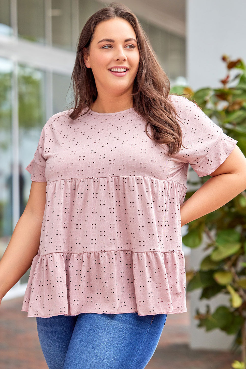 Plus Size Eyelet Round Neck Short Sleeve Blouse-TOPS / DRESSES-[Adult]-[Female]-Dusty Pink-1XL-2022 Online Blue Zone Planet