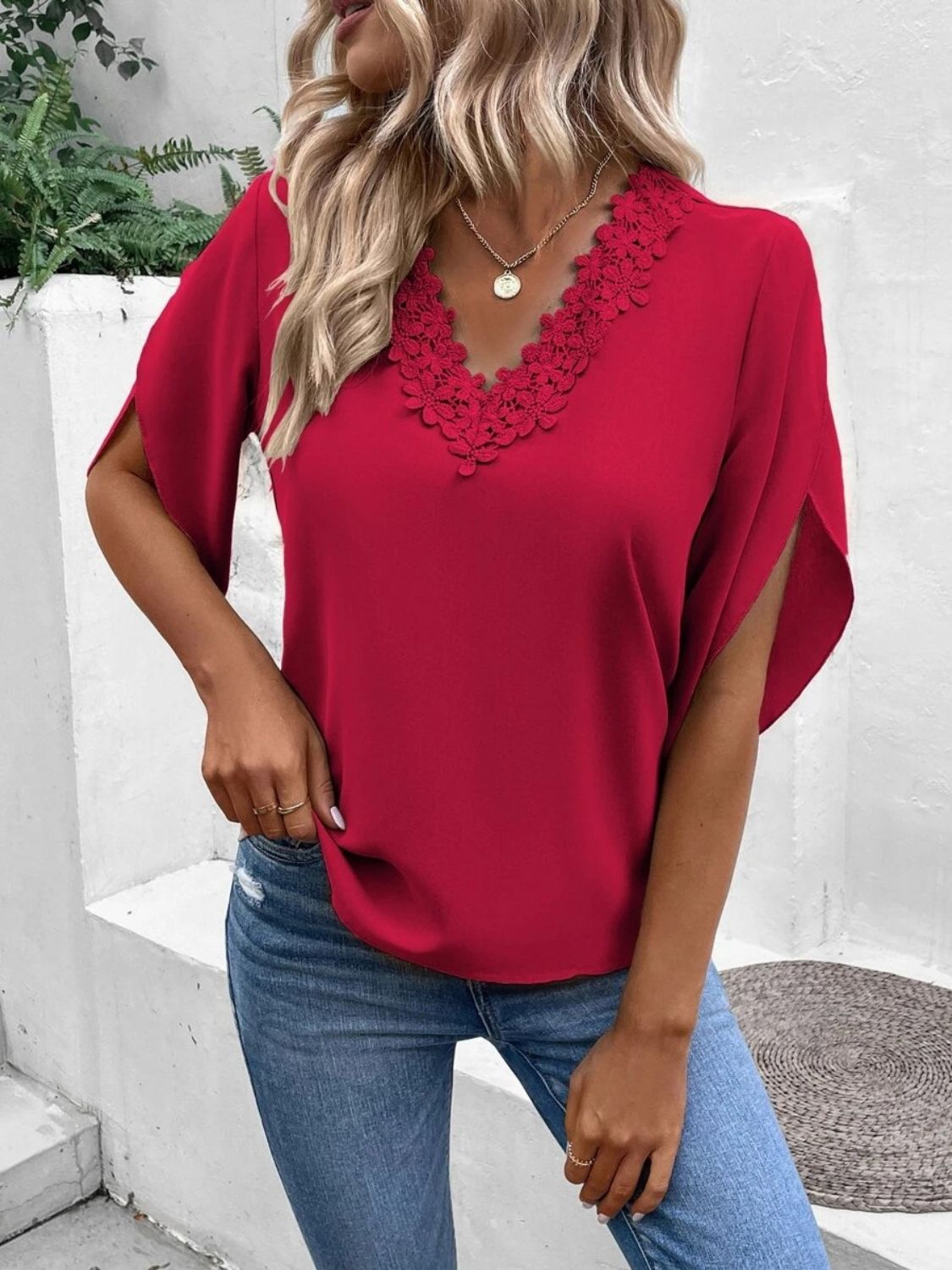 Lace Detail V-Neck Half Sleeve Blouse-TOPS / DRESSES-[Adult]-[Female]-2022 Online Blue Zone Planet