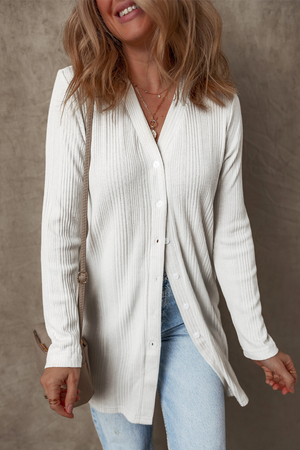 Blue Zone Planet | White Solid Color Ribbed Button up Tunic Cardigan-Sweaters & Cardigans/Cardigans-[Adult]-[Female]-2022 Online Blue Zone Planet