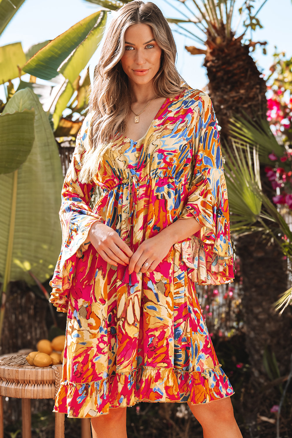Pink Plant Print Flared Sleeve Ruffled Hem Tunic High Waist Flowy Dress-TOPS / DRESSES-[Adult]-[Female]-2022 Online Blue Zone Planet