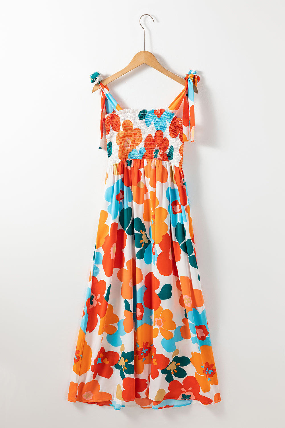 Orange Floral Self Tied Straps Smocked Bust Maxi Dress-Dresses/Floral Dresses-[Adult]-[Female]-2022 Online Blue Zone Planet