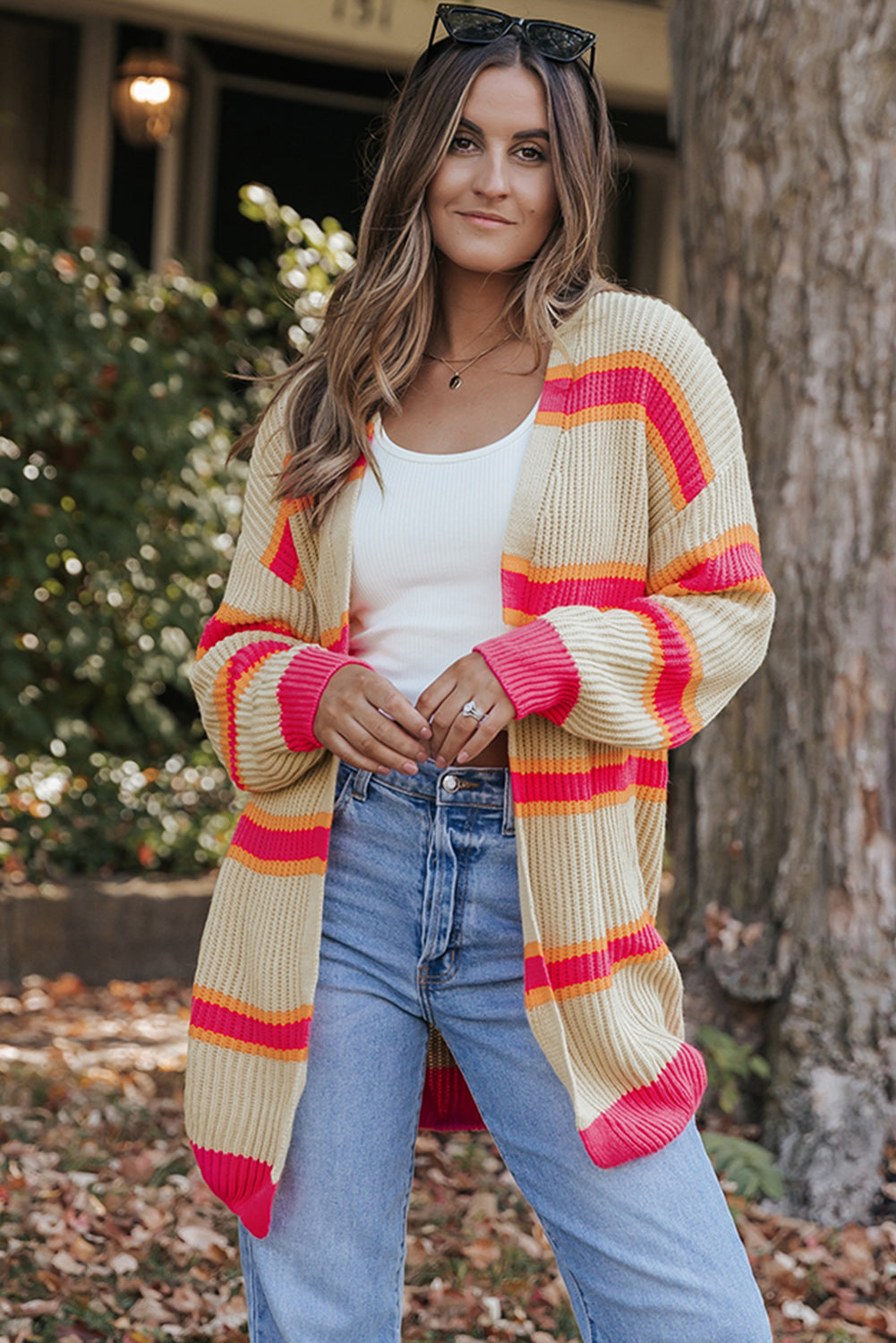 Stripe Printed Ribbed Long Knitted Cardigan-Sale (50% OFF)/30% OFF-[Adult]-[Female]-2022 Online Blue Zone Planet