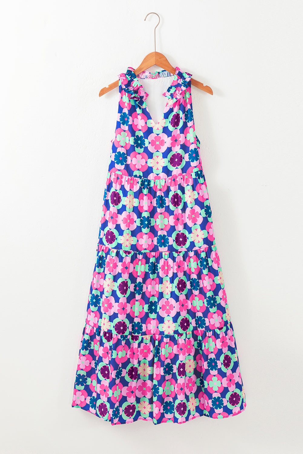 Blue Floral Print Frilly Neck Sleeveless Tiered Maxi Dress-Dresses/Maxi Dresses-[Adult]-[Female]-2022 Online Blue Zone Planet