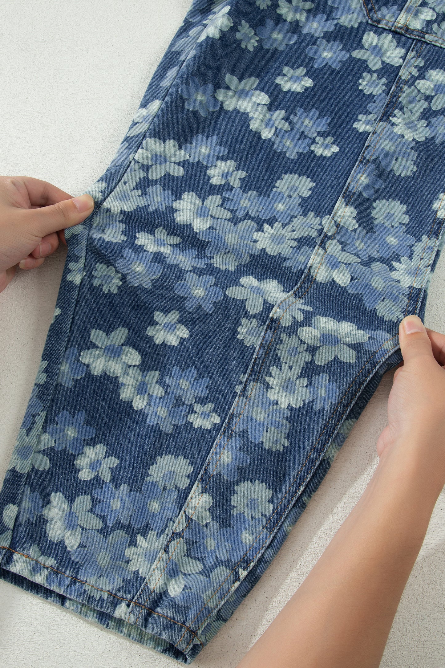 Sky Blue Dainty Floral Printed Drawstring Barrel Jeans-Bottoms/Jeans-[Adult]-[Female]-2022 Online Blue Zone Planet