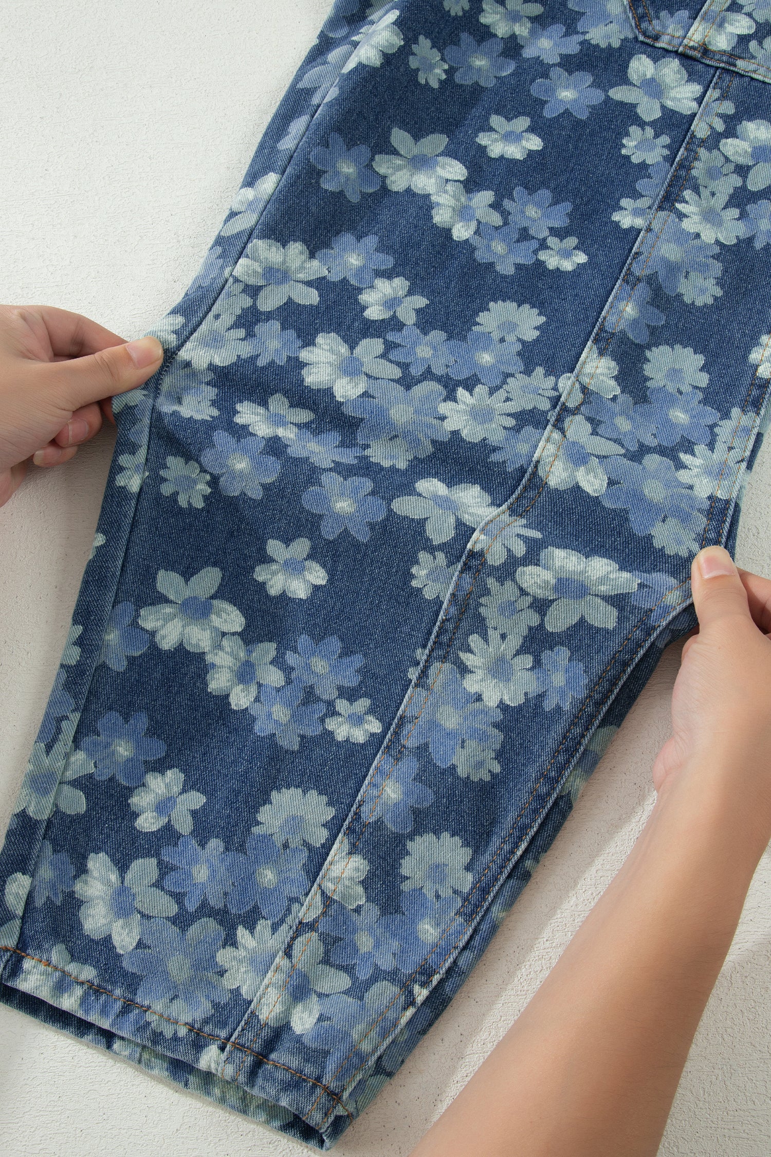 Sky Blue Dainty Floral Printed Drawstring Barrel Jeans-Bottoms/Jeans-[Adult]-[Female]-2022 Online Blue Zone Planet