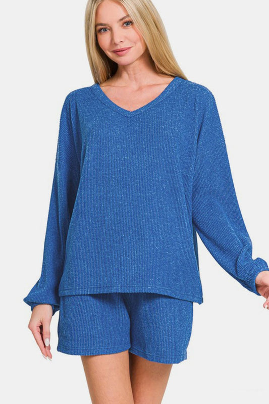 Blue Zone Planet | Zenana V-Neck Long Sleeve Ribbed Top and Shorts Set-TOPS / DRESSES-[Adult]-[Female]-Royal Blue-S-2022 Online Blue Zone Planet